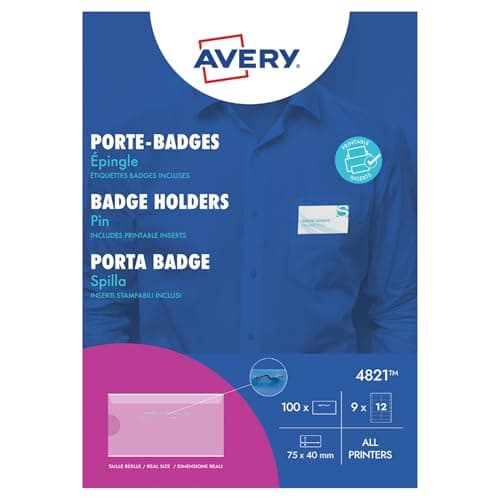 Image of Avery 4821 Printable and Customisable Name Badges with Plastic Cases and Pins (70 x 45 mm Badges, Pack of 100) - White