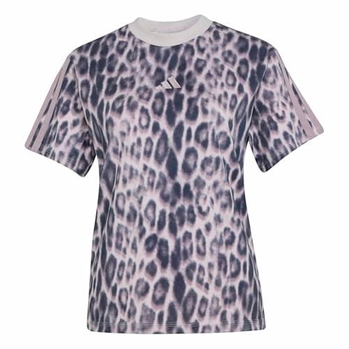 Image of adidas Women's Seasonal Essentials Leopard Print T-Shirt with 3-Stripes, Multicolor/ice Purple, M