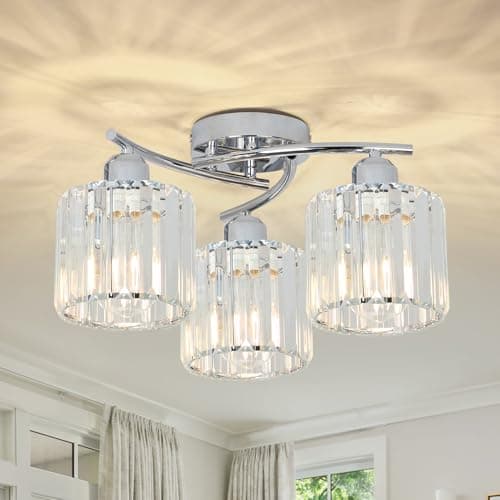 Image of Rayofly Ceiling Lights Living Room, 3-Lights Modern Crystal Chandeliers Ceiling Light, Crystal Chandelier with Glass Shade, Hallway Ceiling Light Fitting, Flush Ceiling Lamp for Hall, Bathroom, Chrome