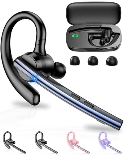 Image of New Bee Bluetooth Headset V5.1 Bluetooth Handsfree Earpiece Dual Mic with 500mAh Charging Case 72Hrs Play Time Hands Free Phone Earpiece Wireless Headset for Driving/Business with Android iOS, Blue