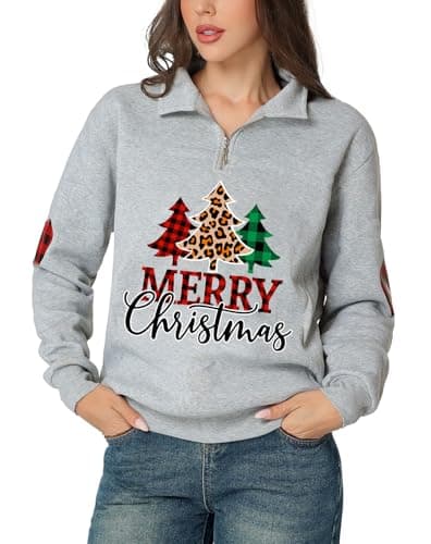 Image of Glimnerize Christmas Womens Tops Sweatshirt Christmas Jumper Gnome Funny Graphic 1/4 Zip Standing Collar Hoodie Grey-A3 XXL