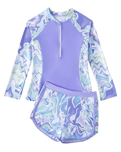 Image of Girls Swimming Costume Rash Vest Padded Bras 8-13 Years, Long Sleeve Kid Tankini Swimsuit Two Pieces Swim Suit Tween Swimwear Top with Boyleg Short, Purple 11-12 Years