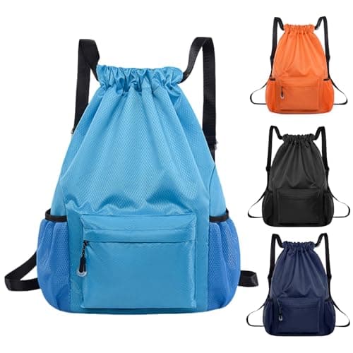 Image of BAOWUABJ Drawstring Bags, String Backpack, Large Waterproof Sports Backpack for Kids Adults, Unisex, Swim PE Bags Drawstring Gym Bags Sports Backpacks Swimming Bags for School Travel Workout (Blue)