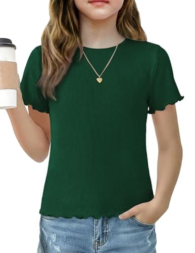 Image of Arshiner Girls' T-Shirt Knit Tops Green Summer Short Sleeve Shirts Lightweight Crew Neck Tee Casual Ruffled Tshirts 140/9-10 Years