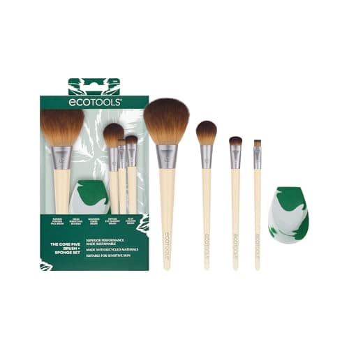 Image of EcoTools Core Five Makeup Brush and Sponge Kit, For Eyeshadow, Blush, Bronzer, Eyeliner, & Foundation, Makeup Blending Sponge For Liquid & Cream Products, Vegan & Eco-Friendly Kit, 5 Piece Set