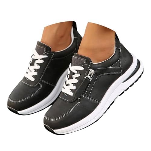 Image of Wedge Walking Shoes for Womens Lace Up and Side Zipper Fashion Running Sneakers Comfortable Lightweight Shock Absorbing Trainers Casual Sport Cross Trainer Shoe Non-Slip Sneaker for Fitness Black
