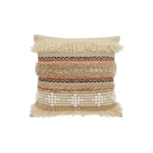 Image of Boho Tufted Cushion Cover with Fringe 18x18 | Handwoven Textured Decorative Pillow Cover for Sofa, Bed & Living Room | Cotton Blend Square Throw Cushion Cover