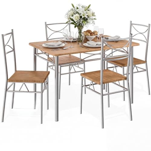 Image of CASARIA® 5 Piece Dining Table and Chairs Set 4 | Dining Table & Dining Chairs Set of 4 | Home and Kitchen | Modern Table and Chairs | Dining Chairs Dining Table Dining Kitchen Set | Beech & Silver
