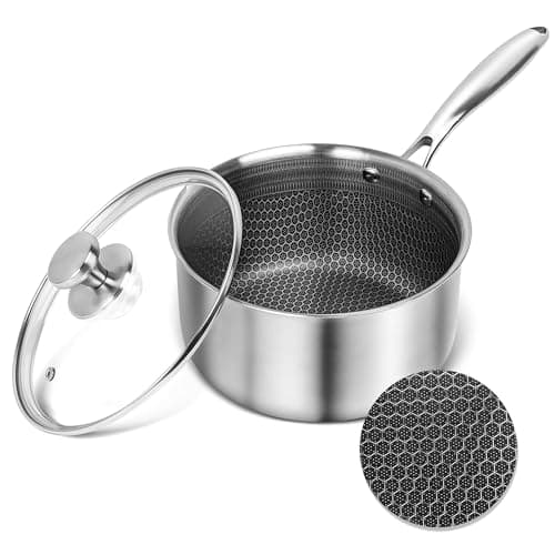 Image of 16cm Non Stick Saucepan with Glass Lid, 1.8L 304 Stainless Steel Sauce Pot with Honeycomb Technology, Scratch Resistant, Stay-Cool Handle, Induction Compatible Cooking Pot, PFOA Free
