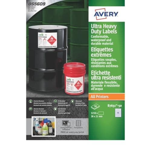 Image of Avery B7651-50 Extra Strong Adhesive, Ultra Heavy Duty Industrial Waterproof GHS Labels, 65 Labels Per A4 Sheet, White,210 x 297 mm