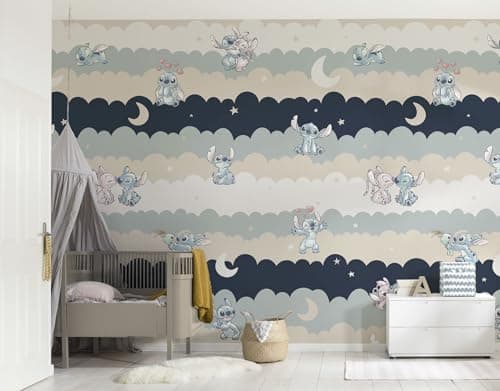 Image of Komar Vinyl Wallpaper - Disney Lilo and Stitch Cozy Clouds - Size 212 x 250 cm, 1 Roll of 4 Panels, Nursery Wallpaper