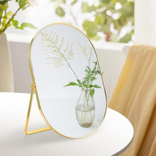 Image of Clickinline Gold Vanity Mirror, Metal Frame Desk Makeup Mirrors, Oval Dressing Table Mirrors Free Standing, Tabletop Mirror High-Definition for Living Room, Bedroom, Bathroom