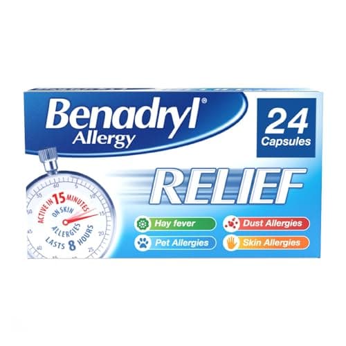 Image of Benadryl Allergy Relief Capsules (1 x 24), Antihistamine Capsules with Acrivastine, Hayfever Tablets for Relief, Suitable for Pet, Dust, and Skin Allergies