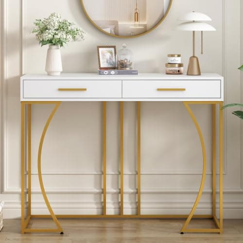 Image of Merax Console Table, Hallway Table with 2 Drawers, Light Luxury Style Side Table, Sofa Table with Gold Plated Handles, White and Gold