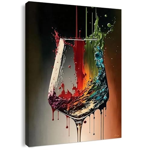 Image of Canvas Wall Art Framed – Abstract Wine Glass Colour Splash Artwork, Modern Colourful Wall Decor for Living Room, Dining Room, Kitchen or Bar Area Home Decoration, with Hooks and Nails, 12x16 Inch