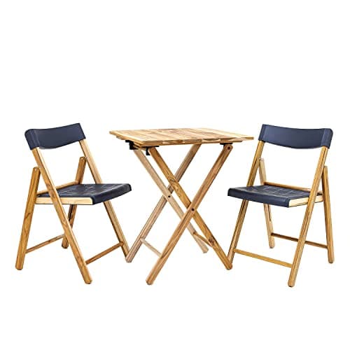 Image of Tramontina, Folding Table and 2 x Chairs, 3-Pcs Wooden Garden Furniture Set, Sustainable Teak Wood, Outdoor Bistro Dining Set, Natural Wood Colour, Grey Plastic Seat