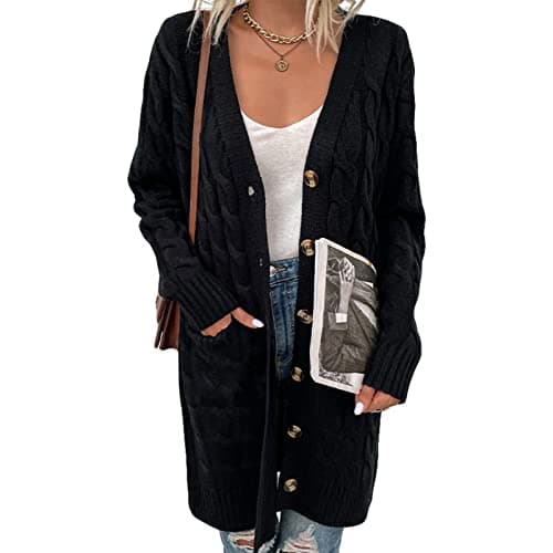 Image of Beskie Women's Long Sleeve Cardigans Sweater Open Front Kimono Knitwear Loose Knitted Cardigan with Pockets Black