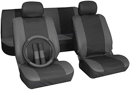Image of XtremeAuto® 9 piece Car seat cover set. BLACK/GREY. Includes seat belt covers and steering wheel cover.