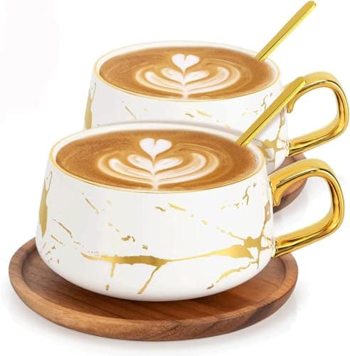 Image of TELANKS 2 Pcs Tea Cup and Saucer Set, Porcelain Espresso Coffee Cup Set, with Saucer and Spoon, Ceramic Mugs for Home, Restaurants - White, 300 ml
