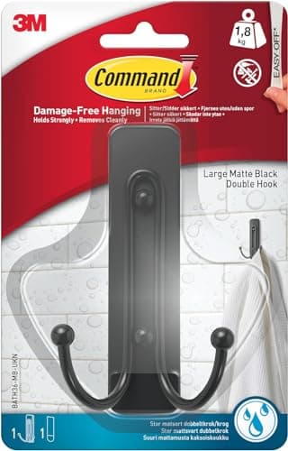 Image of Command Large Double Bathroom Wall Hook, Matte Black - 1 Hook and 1 Water-Resistant Strip - Damage Free Hanging for Bath Towels