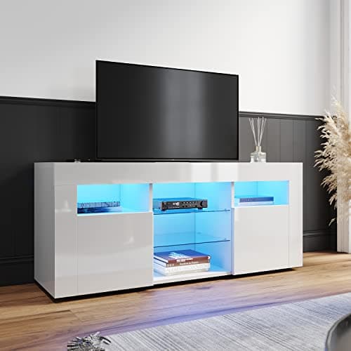 Image of ELEGANT TV Stand Cabinet White Gloss 120cm, TV Unit with LED Lights, Modern Storage Cabinet with 2 Glass Shelves and 2 Doors, Handleless Design, TV Cabinets for Living Room Bedroom