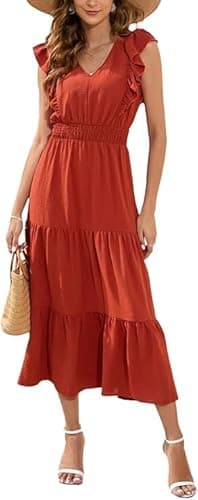 Image of MAYFASEY Casual Summer Maxi Dress Ruffle Sleeve Elastic Waist Tiered Midi Dress V Neck A-Line Beach Holiday Flowy Long Dresses, Orange, M