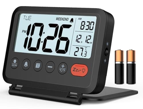 Image of MeesMeek Travel Alarm Clock: 2-Level Backlight, 2 Volumes, 12/24H, Calendar, Temperature, Weekend Mode, Snooze, Folding Cover, Battery Operated Small Digital Clock (AAA Batteries Included)