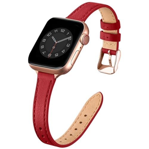 Image of SUNFWR Leather Strap Compatible with Apple Watch Straps 42mm(Series 11 10) 41mm 40mm 38mm,Genuine Slim&Thin Replacement Band for iWatch Series 11 10 9 8 7 6 5 4 3 2 1/SE(Red&Rosegold)