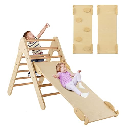 Image of COSTWAY Toddler Climbing Frame, Kids Wooden Montessori Triangle Climber with Double Sided Ramp, Indoor Play Gym for Boys Girls (Natural)