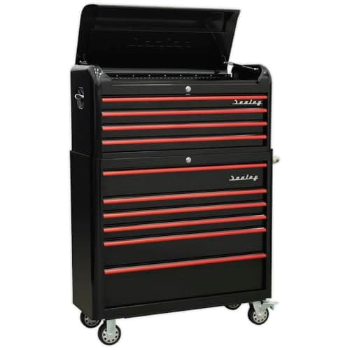 Image of Sealey Retro/Vintage Style Wide Topchest & Rollcab Combination 10 Drawer-Black with Red Anodised Drawer Pull AP41COMBOBR