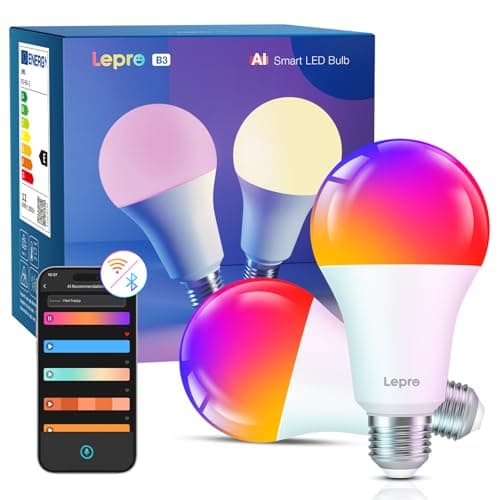Image of Lepro AI Smart Bulb E27, 2 Packs 1520LM Colour Changing Light Bulb, 12W(100W) WiFi Bulbs, Schedule & Timer, Work with Alexa & Google Assistant, Personalized AI Lighting Designer