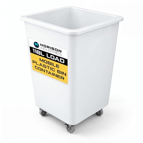 Image of Horison Industries Mobile Plastic Bin 760x465x465mm, 118L White Trolley On Wheels Glass Bottle Recycling Bins, Bottle Skips for Home Bar, Outdoor Bars & Hotels, Heavy Duty Plastic Storage Boxes