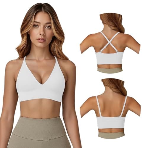 Image of Fiohiros Deep V Sports Bras Women, Sports Bra with Adjustable Spaghetti Strap, Non Wired, Removable Pads, Stretchy Padded Sports Bra for Yoga, Running (UK, Alpha, M, Regular, Regular, White)