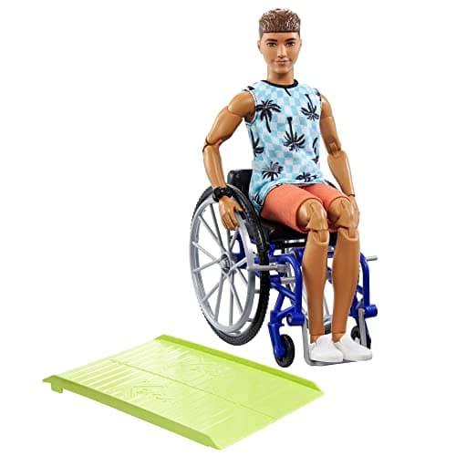Image of Ken Doll with Wheelchair & Ramp, Kids Toys, Barbie Fashionistas, Brunette with Beachy Tee and Orange Shorts, Clothes and Accessories, HJT59