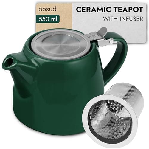 Image of posud Teapot with Infuser – Ceramic Teapot with Strainer for 2 Cups – 550ml Small Tea Pot Infuser for Loose Tea – Stump Tea Pot with Filter for Two (Forest Green)