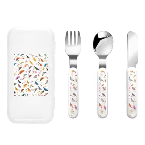 Image of Flowers Bunnies Birds Three-Piece Set of Children's Cutlery-Safe and Durable Plastic Pp+430 Stainless Steel, Suitable for Kindergartens, Picnics, Birthday Parties and Other Scenes.