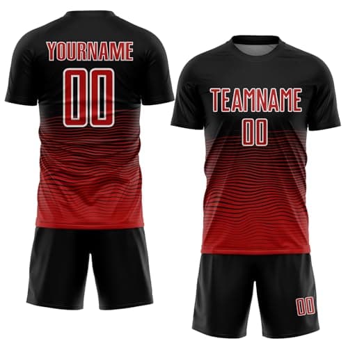 Image of Custom Gradient Style Football Shirts Team Kits Black and Red for Men Women Youth Boys Girls, Personalised Sports Training Top and Shorts Set, Design Your Own Volleyball Soccer Jerseys with Pockets