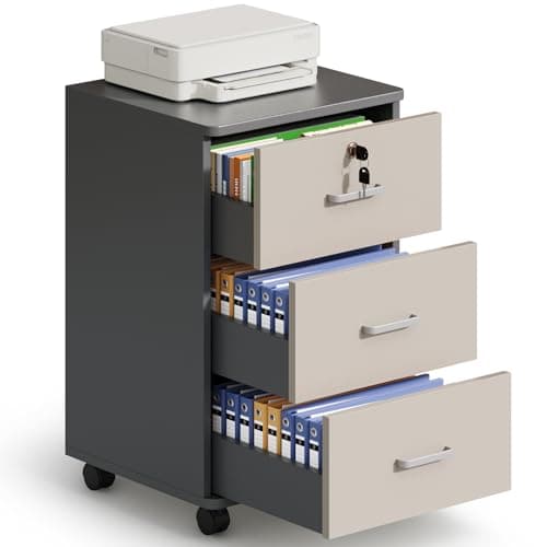 Image of Warmiehomy 3 Drawer Lockable Filing Cabinet, Mobile Under Desk Drawers with Storage, Office Drawers File Cabinet for Letter / A4 Paper/Document, Printer Stand Home Office, White + Grey