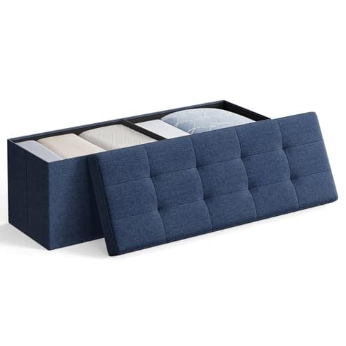 Image of SONGMICS MAZIE Collection - Storage Ottoman Bench, 110 cm Folding Foot Rest Stool, End of Bed Bench, Easy Assembly, for Living Room, Bedroom, Entryway, Dark Blue LSF077Q52