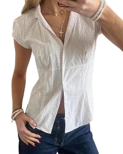 Image of Women Button Down Shirts Ruched Slim Fit Solid Color Lapel Collar Short Sleeve Blouse Y2k Summer Shirt Tops (A-White, M)