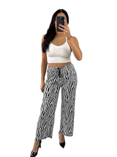 Image of Womens Animal Leopard Zebra Print Wide Leg Palazzo Trousers Plisse Pants Stretch Waist Comfortable Bottoms (UK, Alpha, S, M, Regular, Regular, White Zebra Stripe)