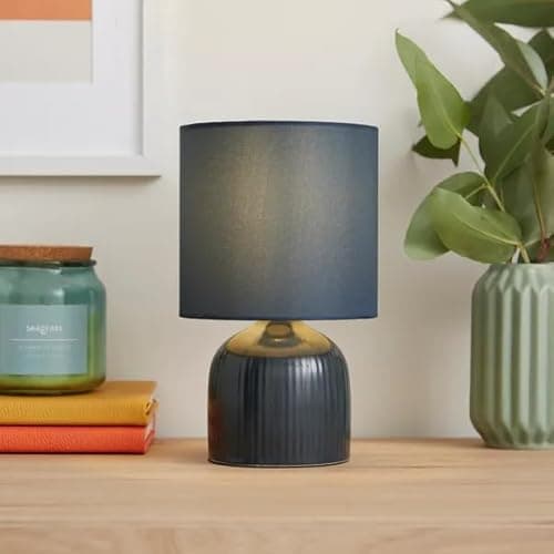 Image of New Ribbed Ceramic Table Lamp – Modern Fabric Shade – E14 SES Fitting – Inline Switch – 4W Max – Compact Bedside or Desk Light M-01 (Ink Blue)