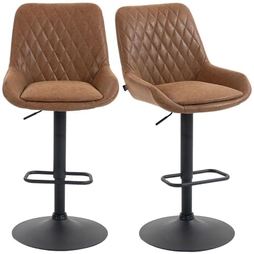 Image of HOMCOM Breakfast Bar Stools Set of 2 with 51x40cm Wide Seat, Height Adjustable Kitchen Counter Chairs, Retro Swivel Upholstered Barstools with Back, Footrest and Steel Base, Orange