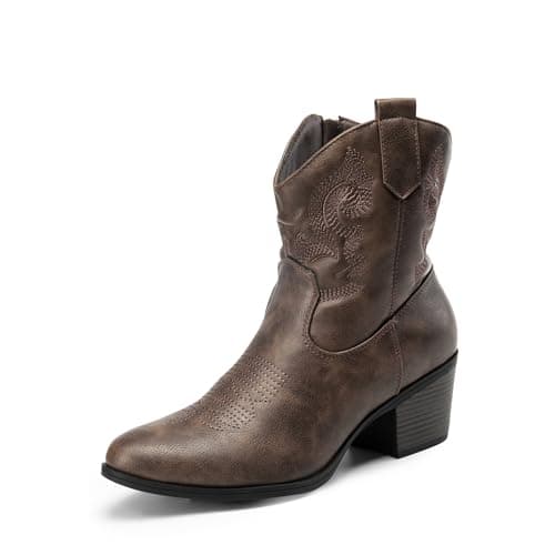 Image of DREAM PAIRS Women's Western Cowboy Cowgirl Embroidered Ankle Boots Fashion Low Chunky Heel Round Toe Fall Short Booties Shoes,Size 5,Brown,SDAB2432W