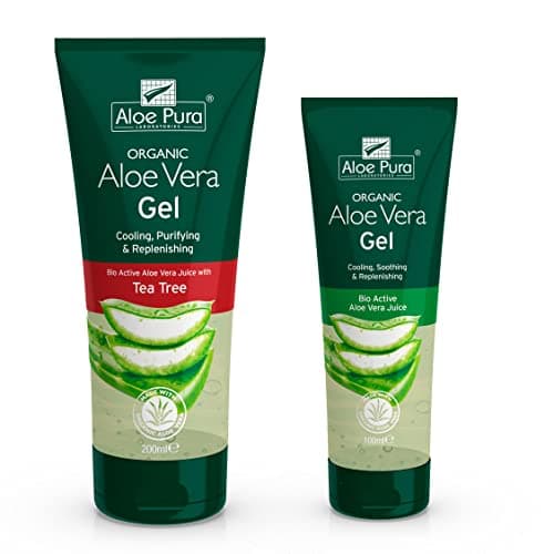 Image of Aloe Pura Organic Aloe Vera Gel with Tea Tree 200ml & Aloe Vera Gel 100ml, Natural, Vegan, Cruelty Free, Paraben & SLS Free, Cooling, Soothing, 100 ml