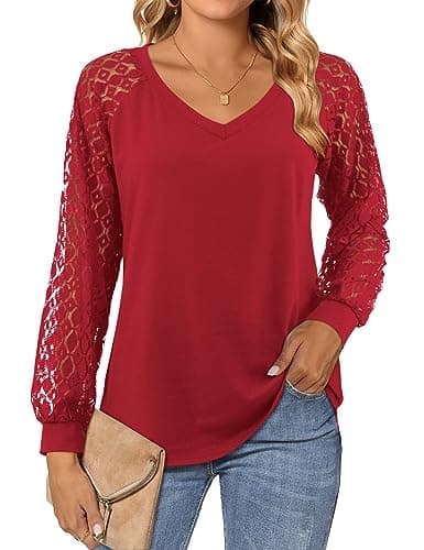 Image of Beluring Blouse for Women Casual V Neck Tshirt Lace Long Sleeve Casual T-Shirts Red Size 18 20