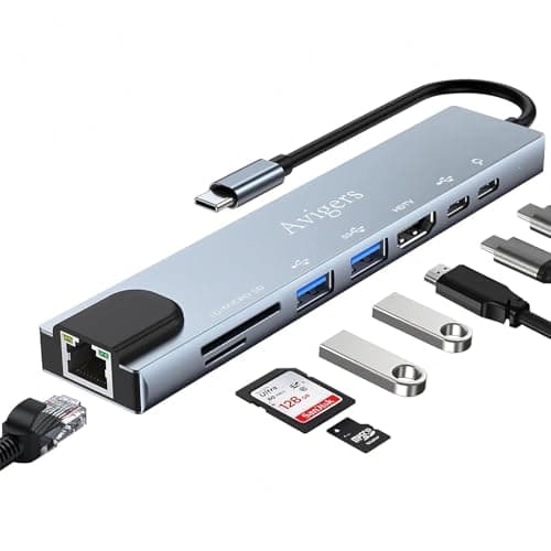 Image of USB C Hub with Ethernet Adapter, 8 In 1 USB C Multiport Adapter with 100W PD, 4K HDTV, USB 3.0/2.0, Type C Port, SD/TF Card Reader, USB c Port for iPhone 15/16/17, MacBook, iPad, Samsung, Surface, etc