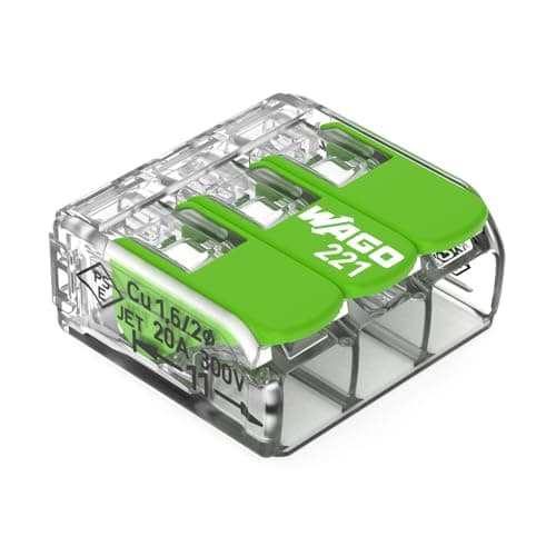 Image of WAGO Green Range Terminal Block 3-Wire, to 4 mm², Splicing Connectors 3-Pole with Lever for All Conductor Types Pluggable, 221-423, 12 pcs
