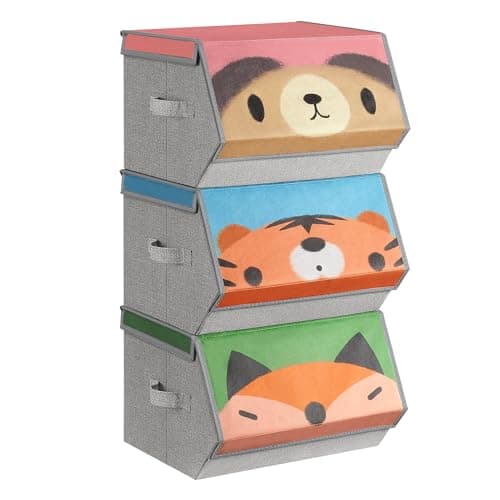 Image of SONGMICS Kids Storage Organisers, Set of 3, Stackable Toy Organiser Boxes, Folding Organisers with Handles, Magnetic Lid, for Kid's Room, Playroom, Pink, Blue, Green and Grey RFB760P03