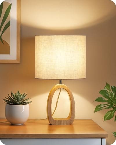 Image of GOEBLESON Table Lamp, Wood Bedside Lamp with Ring-Shaped Base and Linen Lampshade, Modern Desk Lamp with Cable, E27 Base, 2700K LED Bulb Included, for Living Room, Bedroom, Beige ZME07TLK05N1